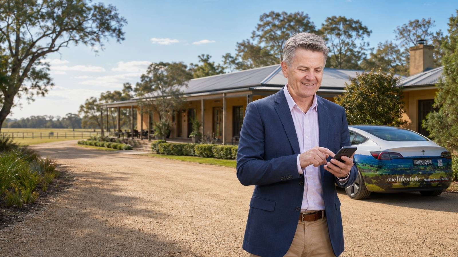 Real estate agent using a phone outside a rural property
